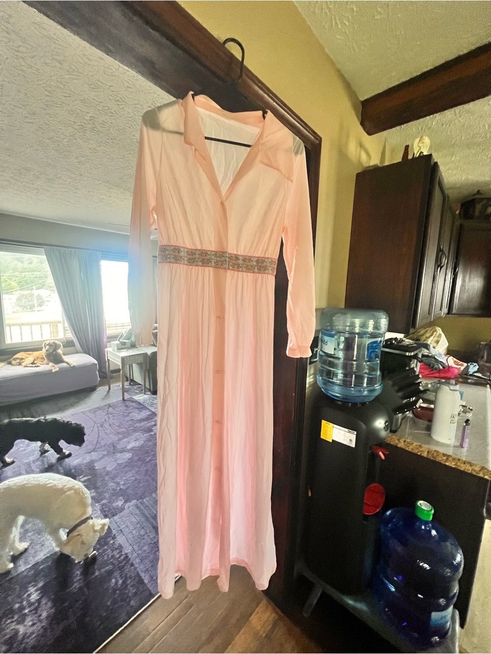 Vintage 1970s Center Circle Pink Maxi Loungewear Dress Robe Shirtwaist